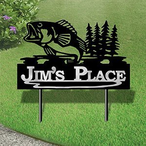 610017 - XL 31in W Jumping Bass with Trees Design Horizontal Metal Custom Text Yard Sign