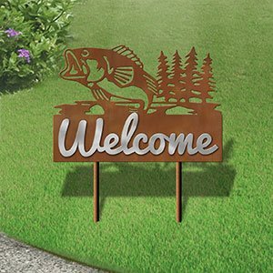 610018 - Large 25in Wide Jumping Bass with Trees Design Horizontal Metal Welcome Yard Sign
