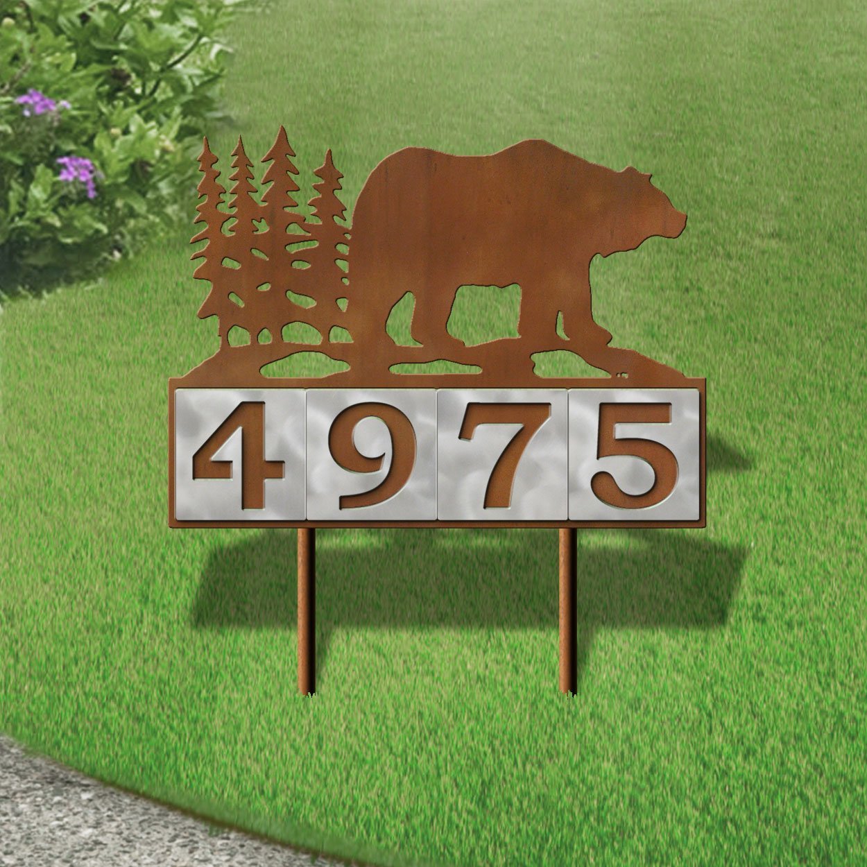610024 - Bear in the Woods Design 4-Digit Horizontal 6-inch Tile Outdoor House Numbers Yard Sign