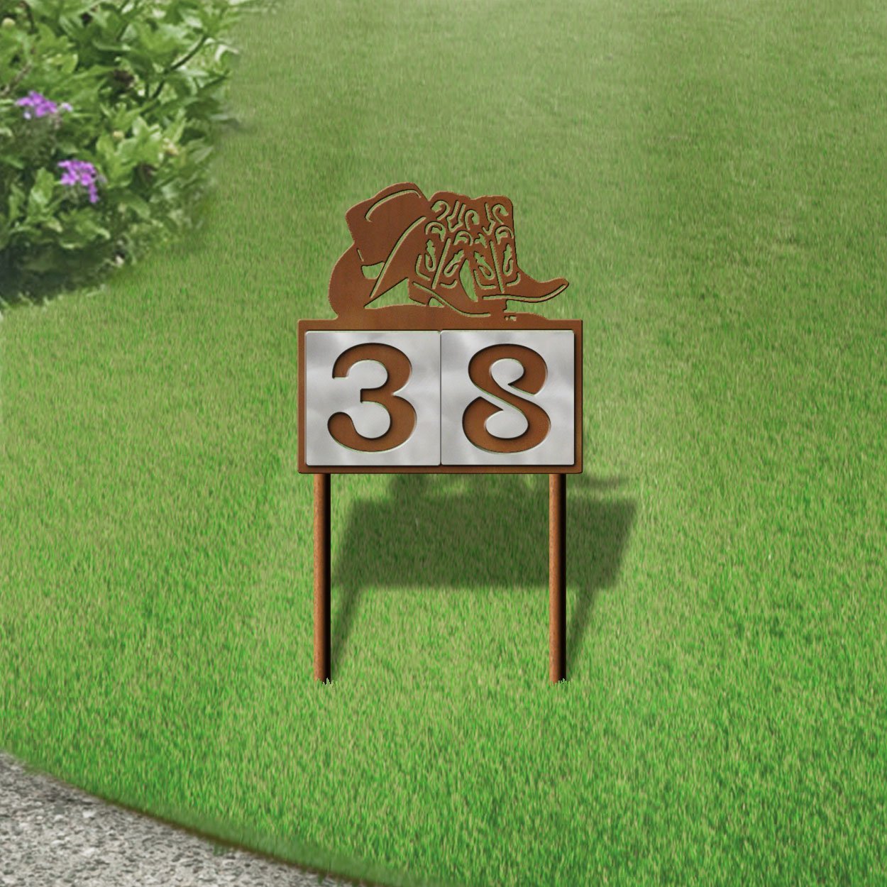 610032 - Cowboy Hat and Boots Design 2-Digit Horizontal 6-inch Tile Outdoor House Numbers Yard Sign