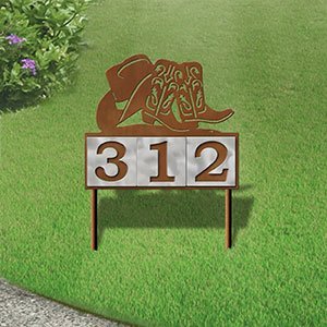 610033 - Cowboy Hat and Boots Design 3-Digit Horizontal 6-inch Tile Outdoor House Numbers Yard Sign