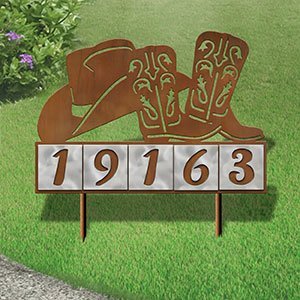 610035 - Cowboy Hat and Boots Design 5-Digit Horizontal 6-inch Tile Outdoor House Numbers Yard Sign