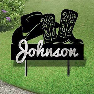 610037 - XL 31in W Cowboy Hat and Boots Design Horizontal Metal Custom Text Yard Sign