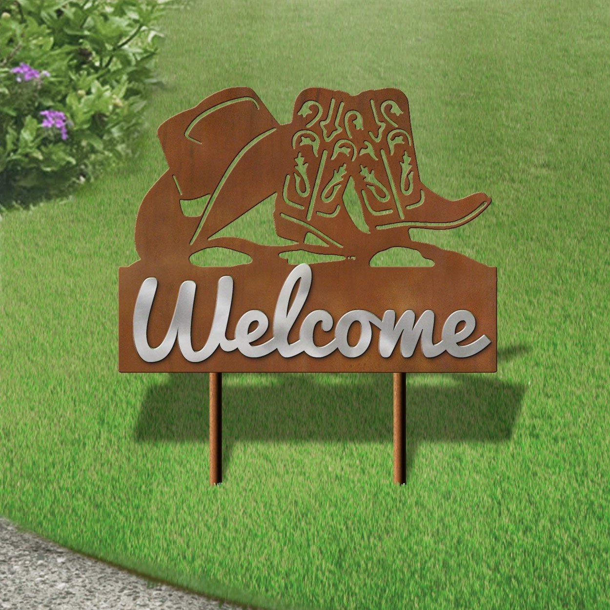 610038 - 25in Wide Hat and Boots Welcome Metal Yard Sign