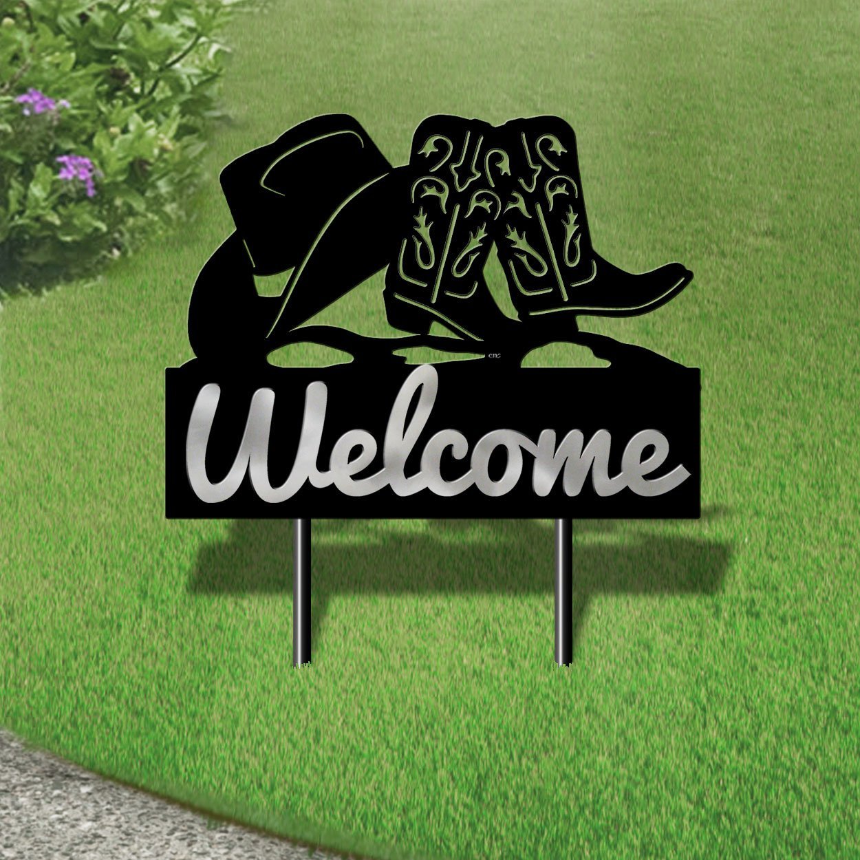 610038 - Large 25in Wide Cowboy Hat and Boots Design Horizontal Metal Welcome Yard Sign