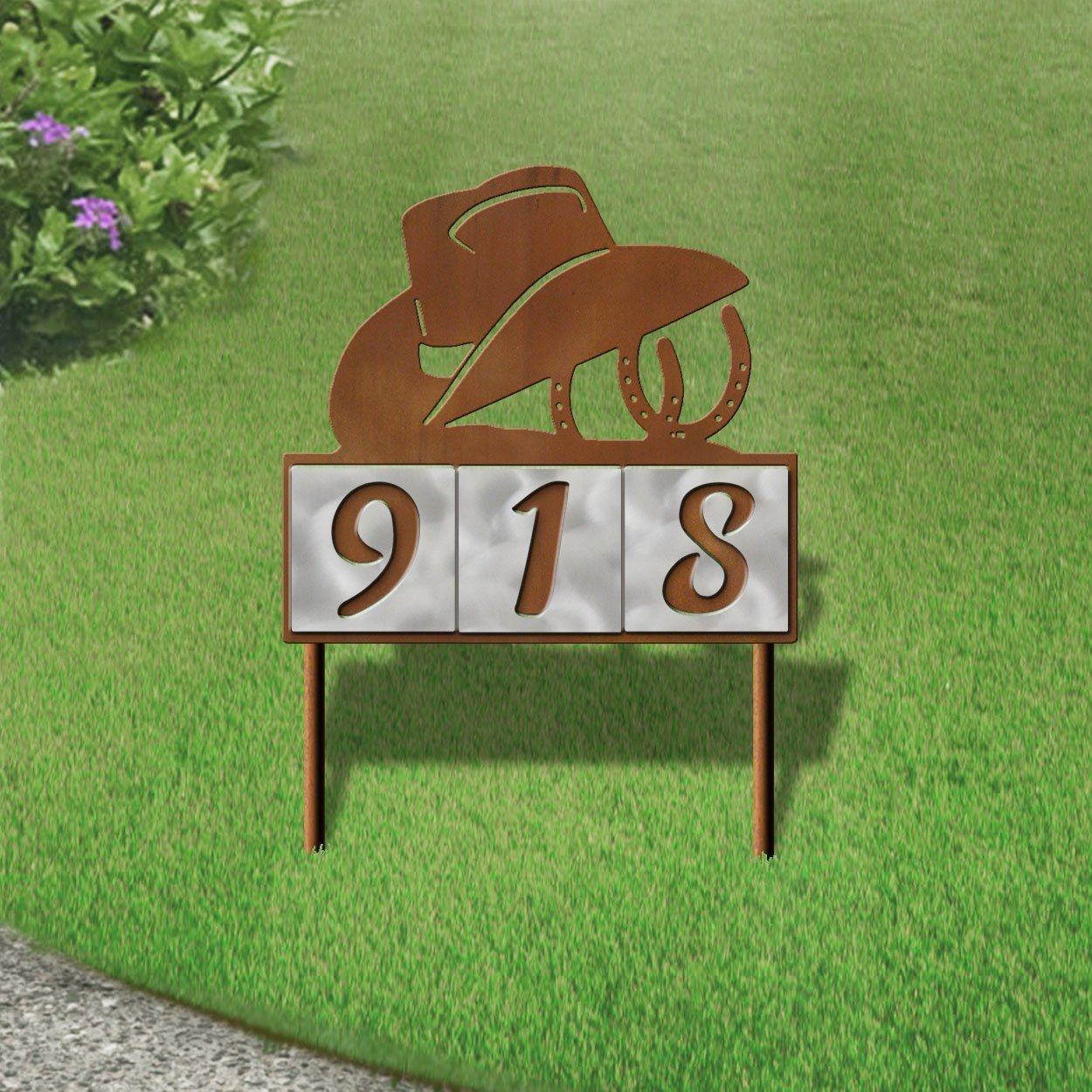610043 - Horseshoes and Hat 3-Digit Horizontal 6in Tiles Yard Sign