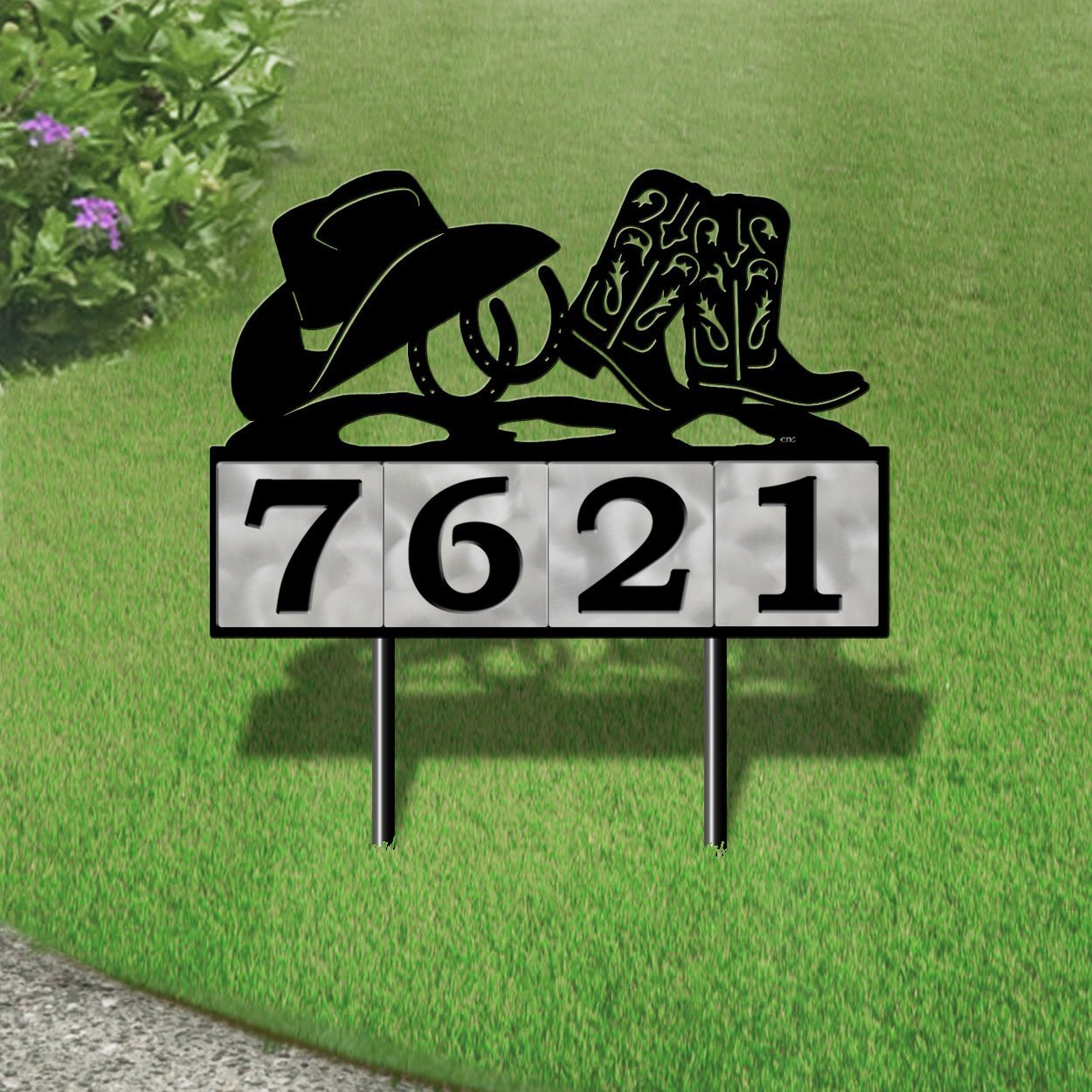 610044 - Horseshoes and Hat 4-Digit Horizontal 6in Tiles Yard Sign