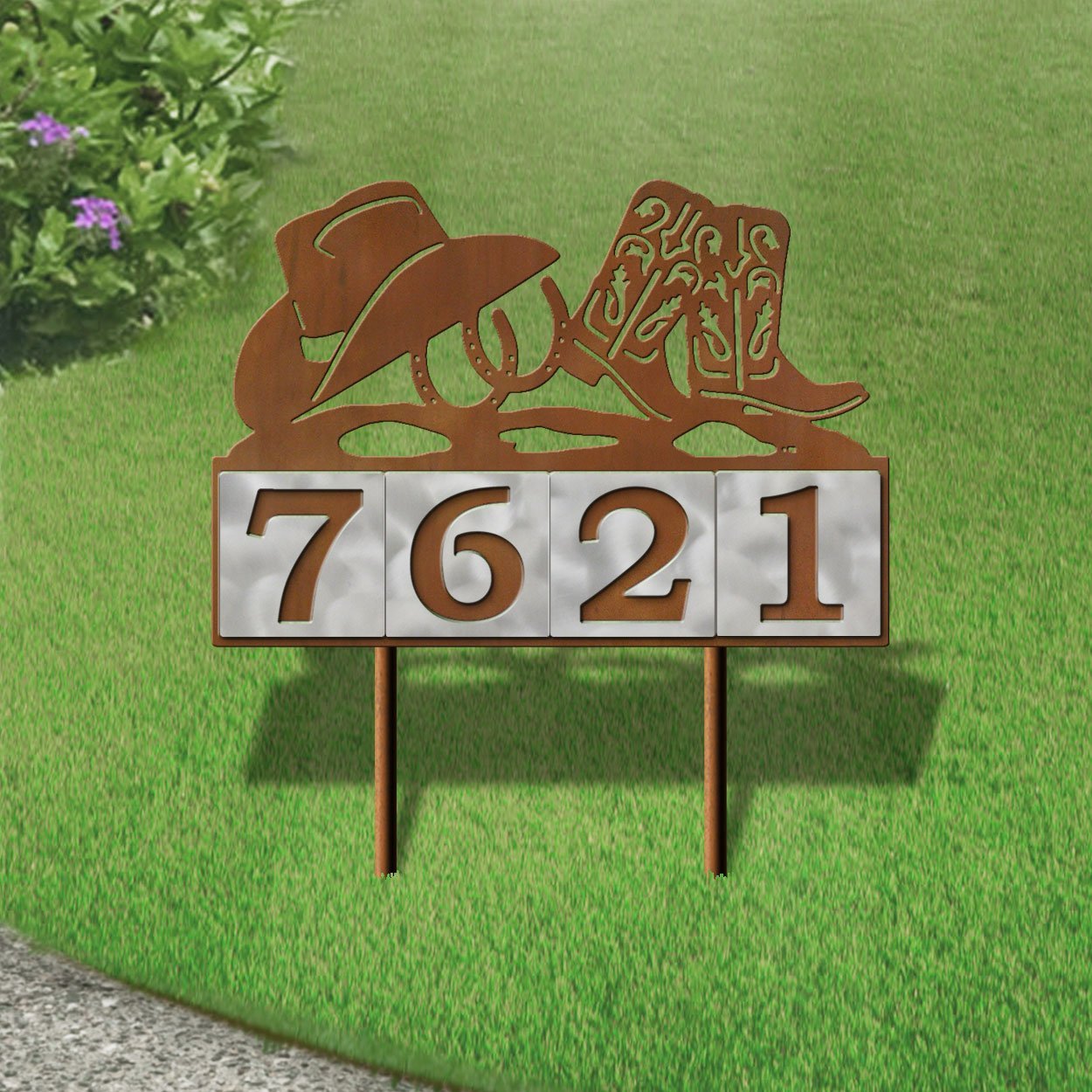 610044 - Cowboy Boots with Hat and Horseshoes Design 4-Digit Horizontal 6-inch Tile Outdoor House Numbers Yard Sign