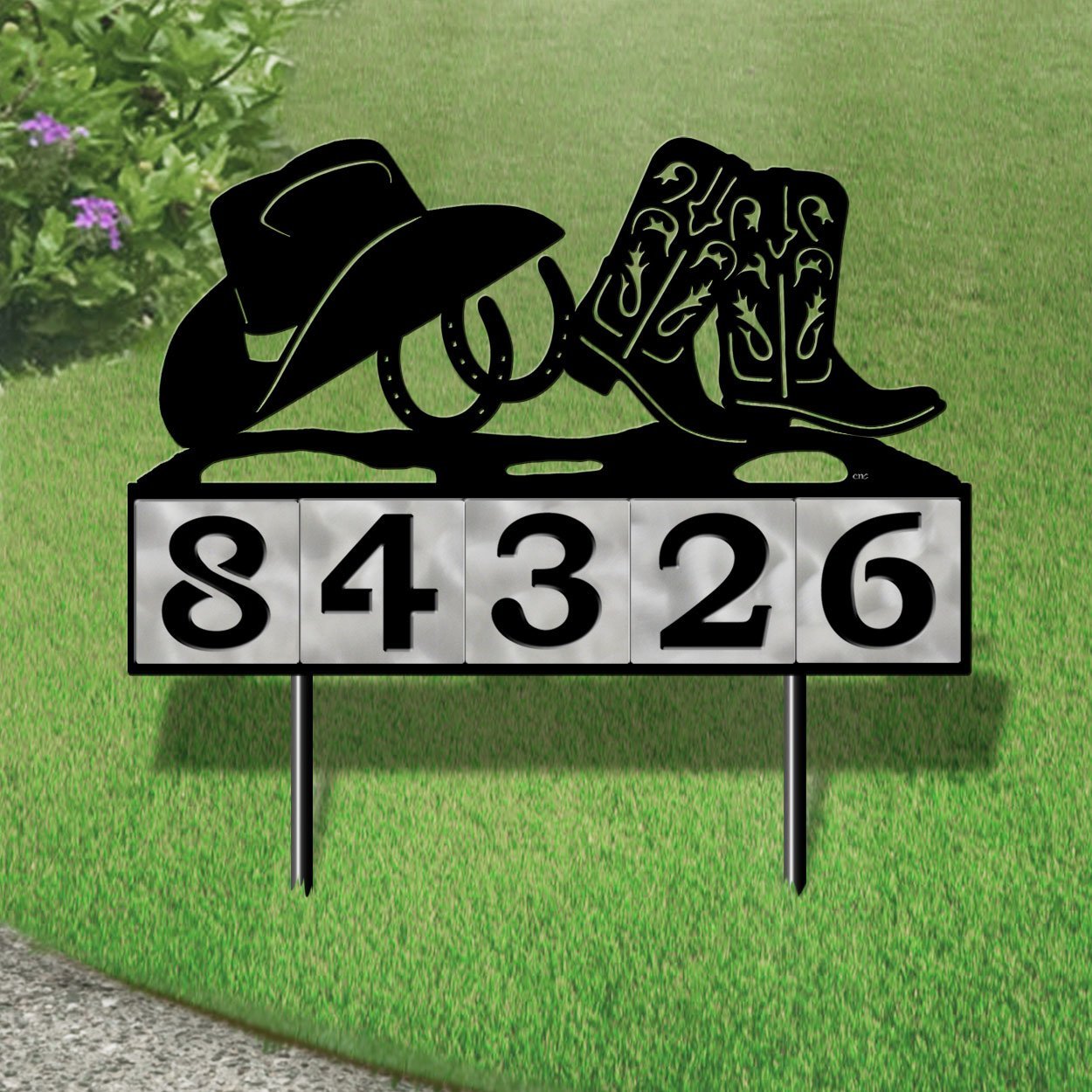 610045 - Cowboy Boots with Hat and Horseshoes Design 5-Digit Horizontal 6-inch Tile Outdoor House Numbers Yard Sign