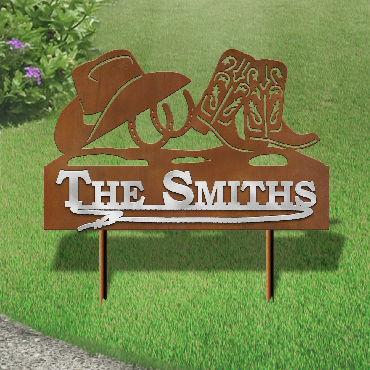 610047 - XL 31in W Cowboy Boots with Hat and Horseshoes Design Horizontal Metal Custom Text Yard Sign