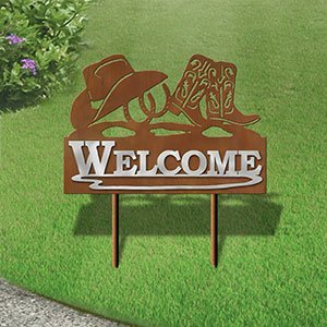 610048 - Large 25in Wide Cowboy Boots with Hat and Horseshoes Design Horizontal Metal Welcome Yard Sign
