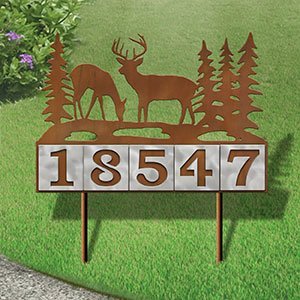 610065 - Deer Buck and Doe Design 5-Digit Horizontal 6-inch Tile Outdoor House Numbers Yard Sign