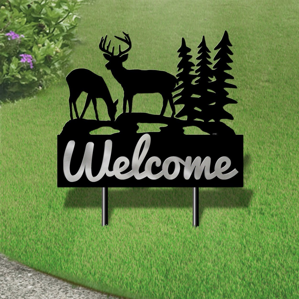 610068 - Large 25in Wide Deer Buck and Doe Design Horizontal Metal Welcome Yard Sign
