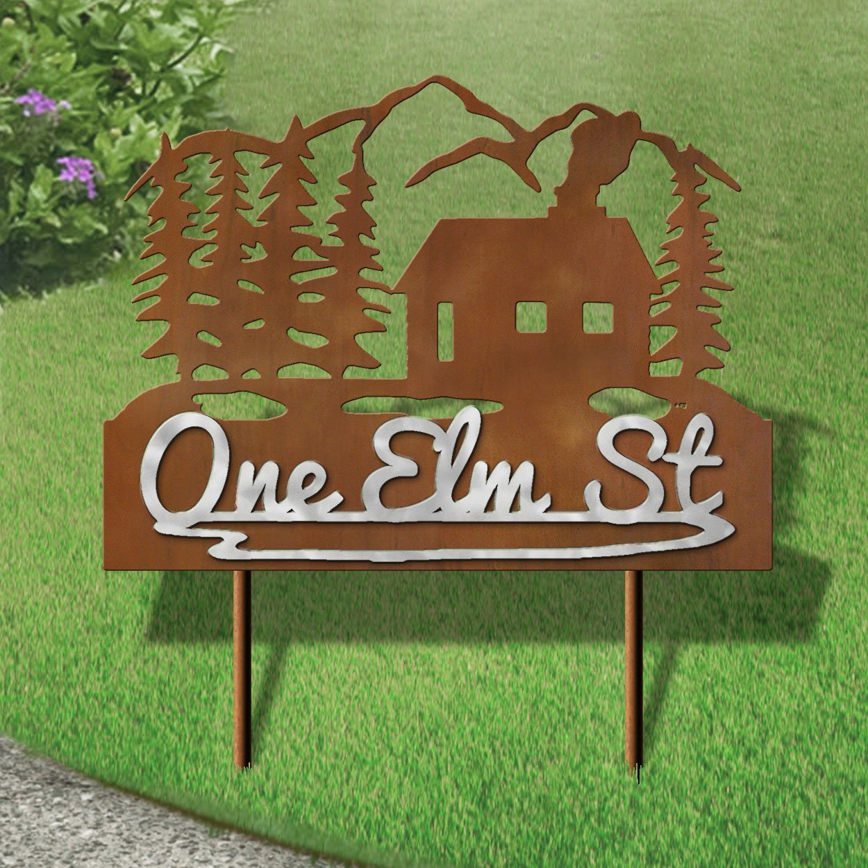 610077 - XL 31in W Cabin in the Woods Design Horizontal Metal Custom Text Yard Sign