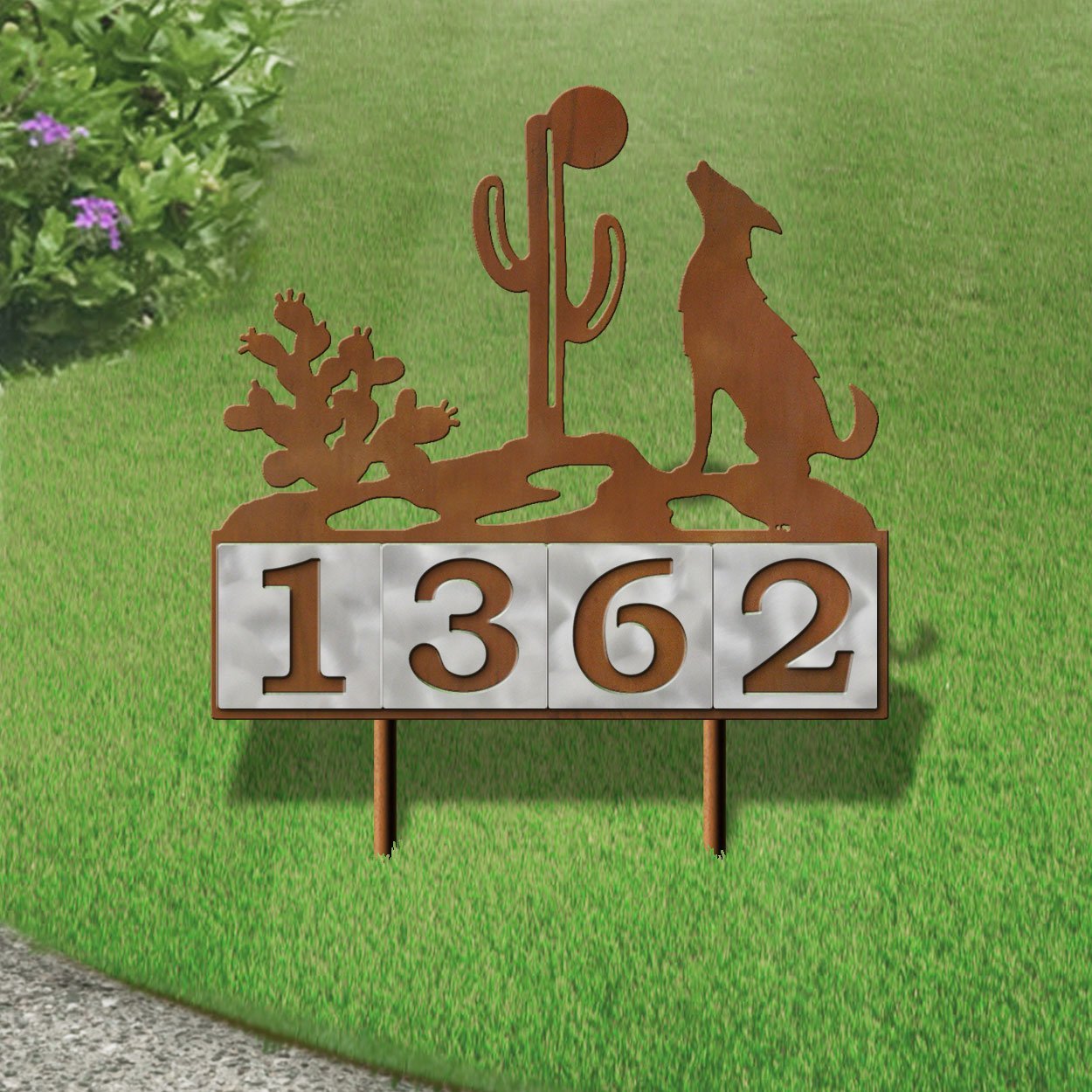 610084 - Howling Coyote Design 4-Digit Horizontal 6-inch Tile Outdoor House Numbers Yard Sign