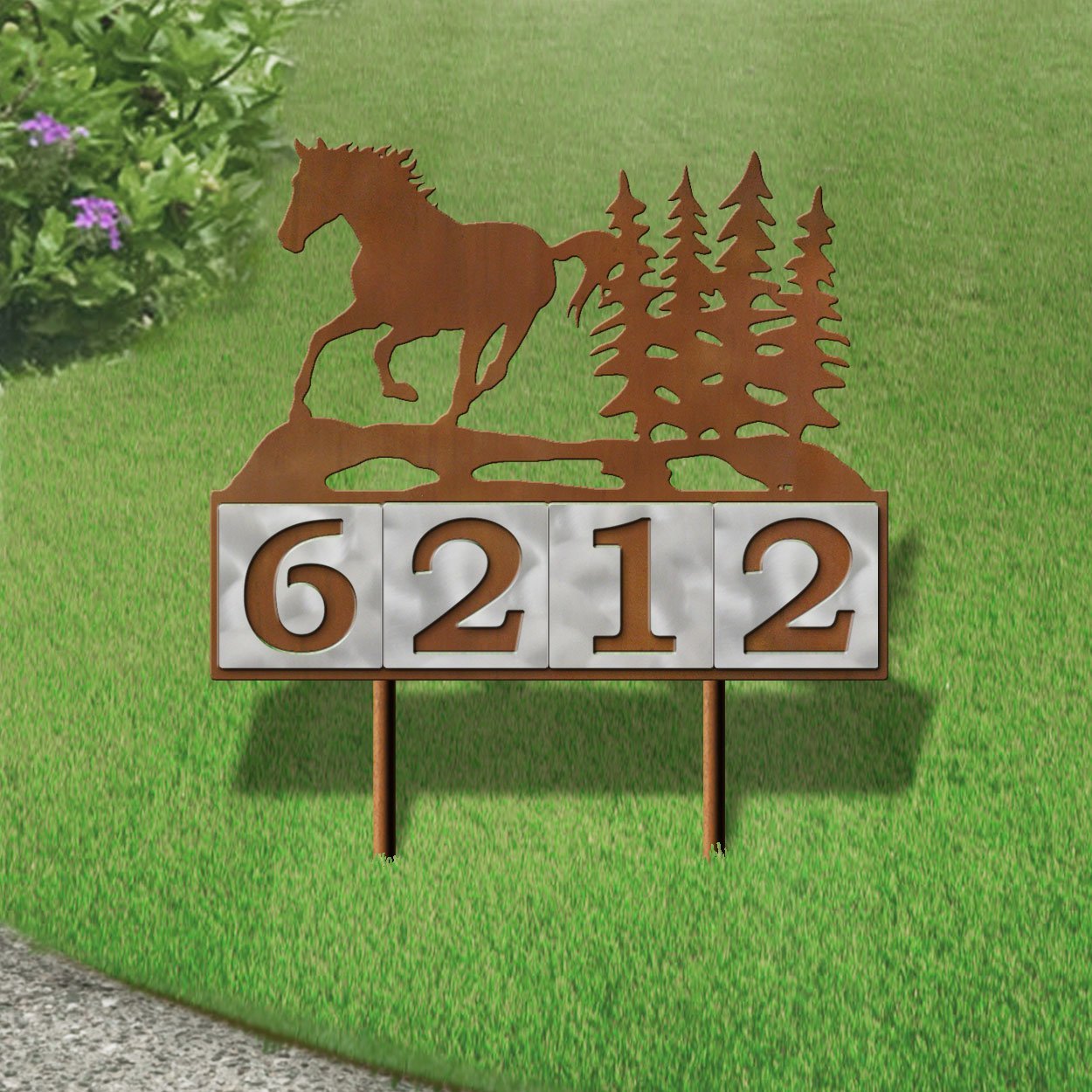 610104 - Running Horse Scene Design 4-Digit Horizontal 6-inch Tile Outdoor House Numbers Yard Sign