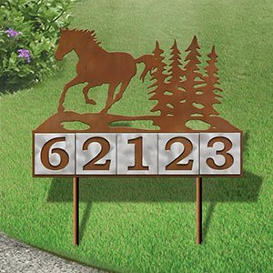 610105 - Running Horse Scene Design 5-Digit Horizontal 6-inch Tile Outdoor House Numbers Yard Sign