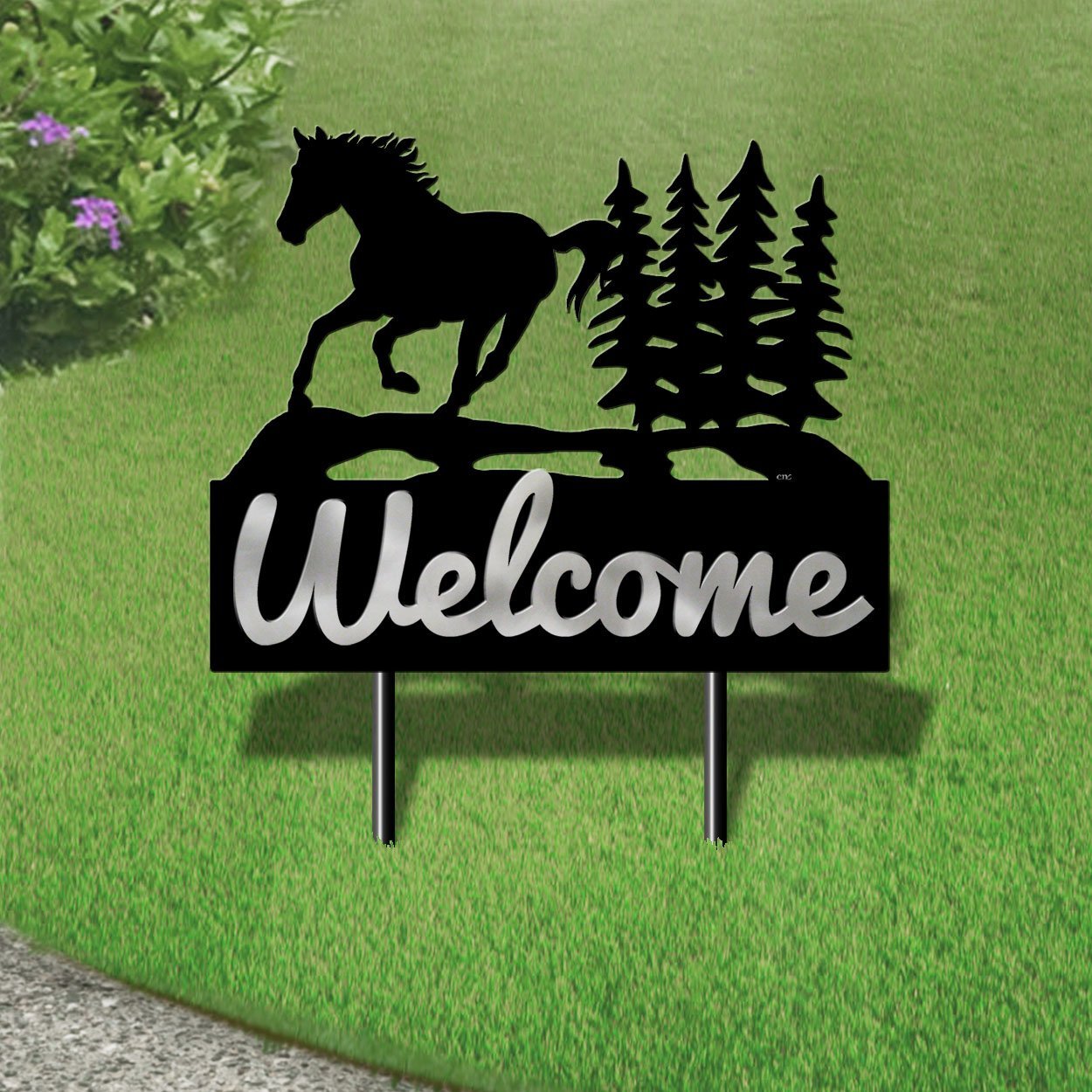 610108 - Large 25in Wide Running Horse Scene Design Horizontal Metal Welcome Yard Sign