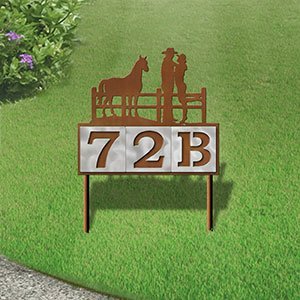 610113 - Cowboy Couple with Horse Design 3-Digit Horizontal 6-inch Tile Outdoor House Numbers Yard Sign