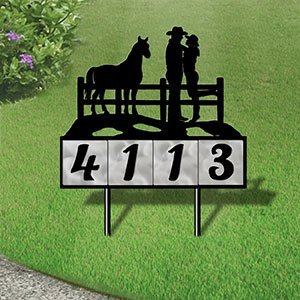 610114 - Cowboy Couple with Horse Design 4-Digit Horizontal 6-inch Tile Outdoor House Numbers Yard Sign