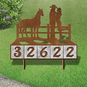 610115 - Cowboy Couple with Horse Design 5-Digit Horizontal 6-inch Tile Outdoor House Numbers Yard Sign