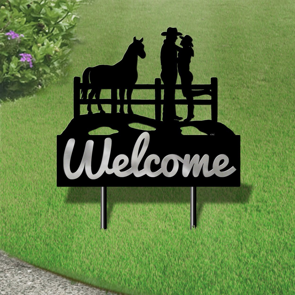 610118 - Large 25in Wide Cowboy Couple with Horse Design Horizontal Metal Welcome Yard Sign