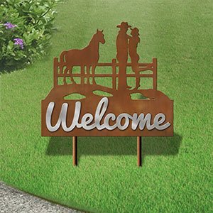 610118 - Large 25in Wide Cowboy Couple with Horse Design Horizontal Metal Welcome Yard Sign