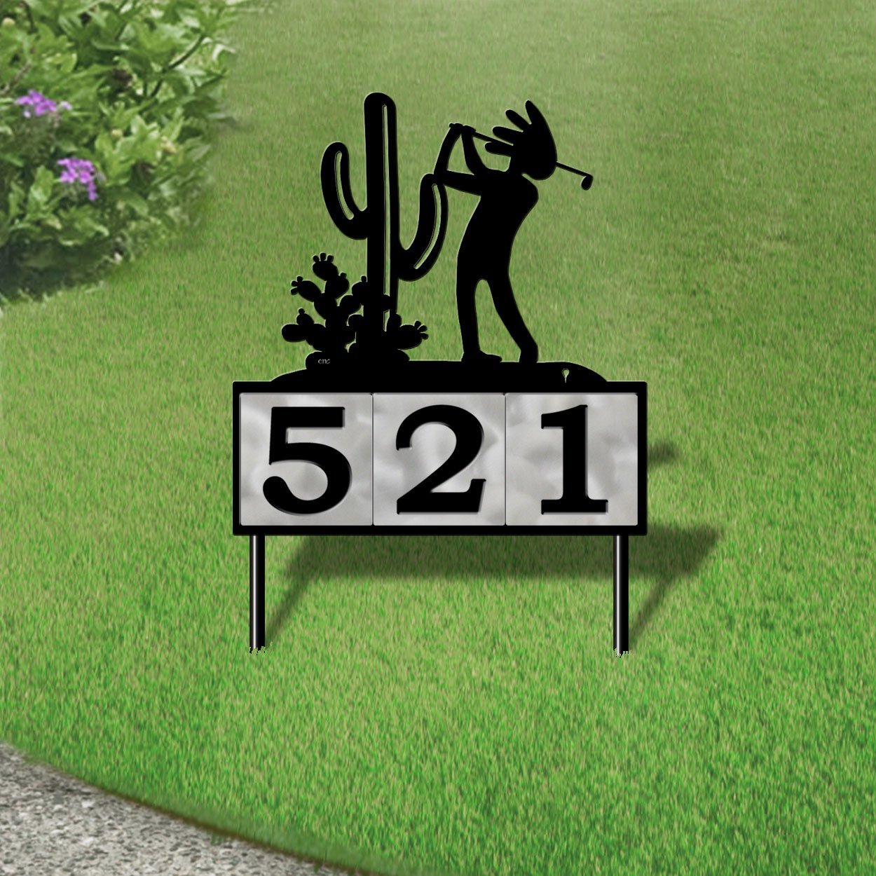 610133 - Kokopelli Desert Golfer Design 3-Digit Horizontal 6-inch Tile Outdoor House Numbers Yard Sign