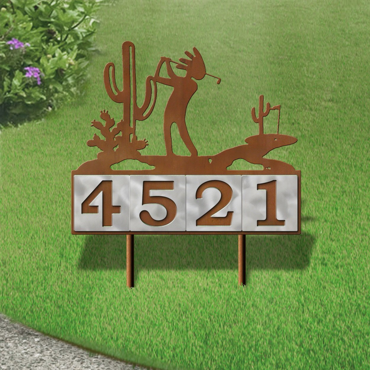 610134 - Kokopelli Desert Golfer Design 4-Digit Horizontal 6-inch Tile Outdoor House Numbers Yard Sign