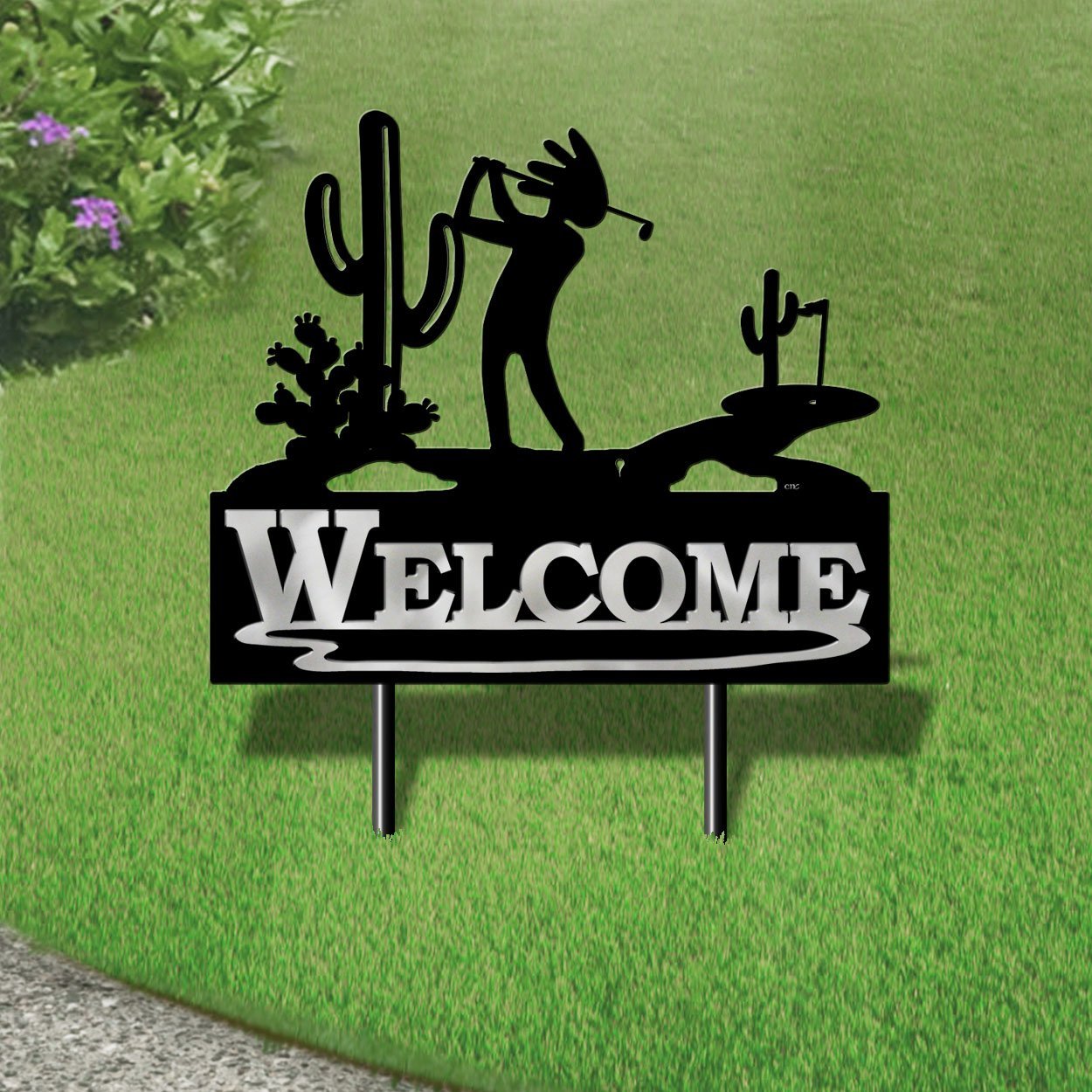 610138 - Large 25in Wide Kokopelli Desert Golfer Design Horizontal Metal Welcome Yard Sign