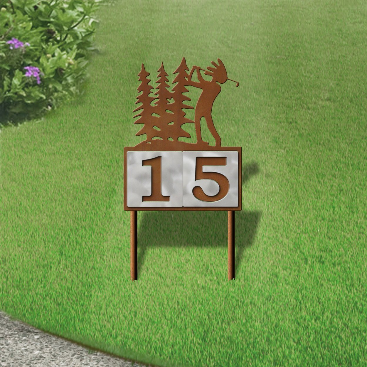 610142 - Kokopelli Golfer in the Woods Design 2-Digit Horizontal 6-inch Tile Outdoor House Numbers Yard Sign