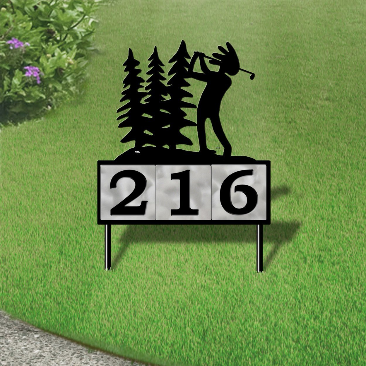 610143 - Kokopelli Golfer in the Woods Design 3-Digit Horizontal 6-inch Tile Outdoor House Numbers Yard Sign