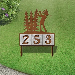 610143 - Kokopelli Golfer in the Woods Design 3-Digit Horizontal 6-inch Tile Outdoor House Numbers Yard Sign