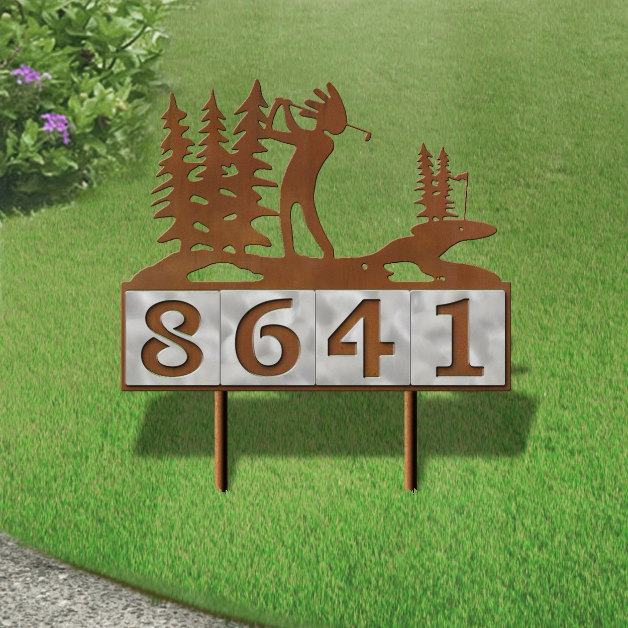 610144 - Kokopelli Golfer in the Woods Design 4-Digit Horizontal 6-inch Tile Outdoor House Numbers Yard Sign