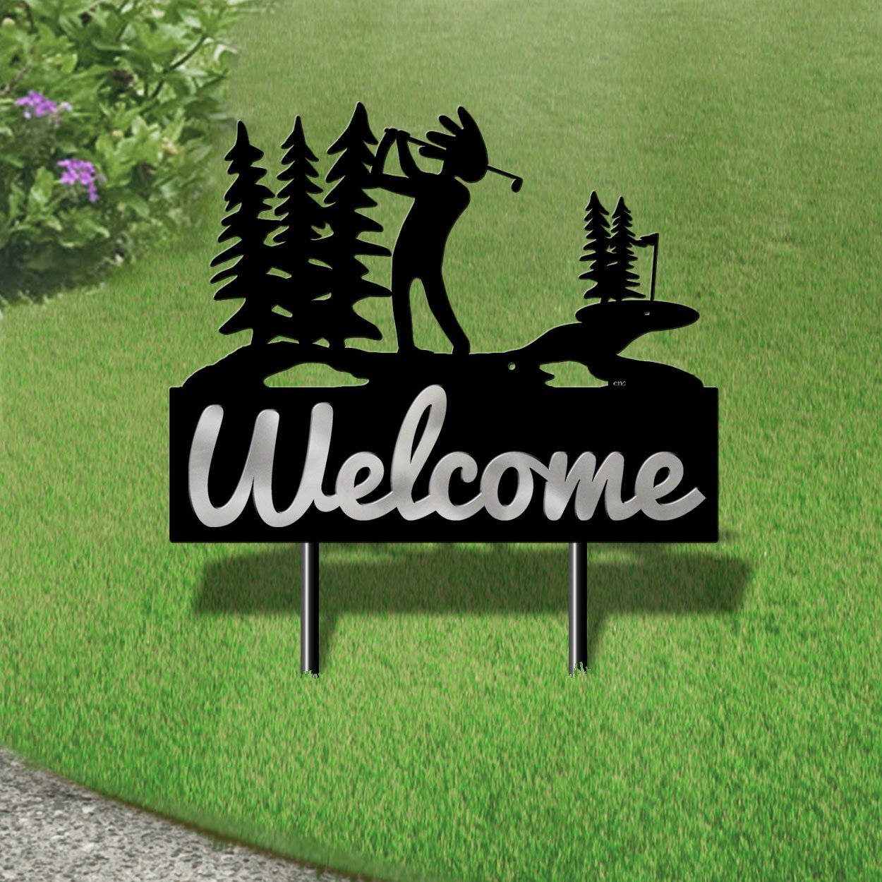 610148 - Large 25in Wide Kokopelli Golfer in the Woods Design Horizontal Metal Welcome Yard Sign