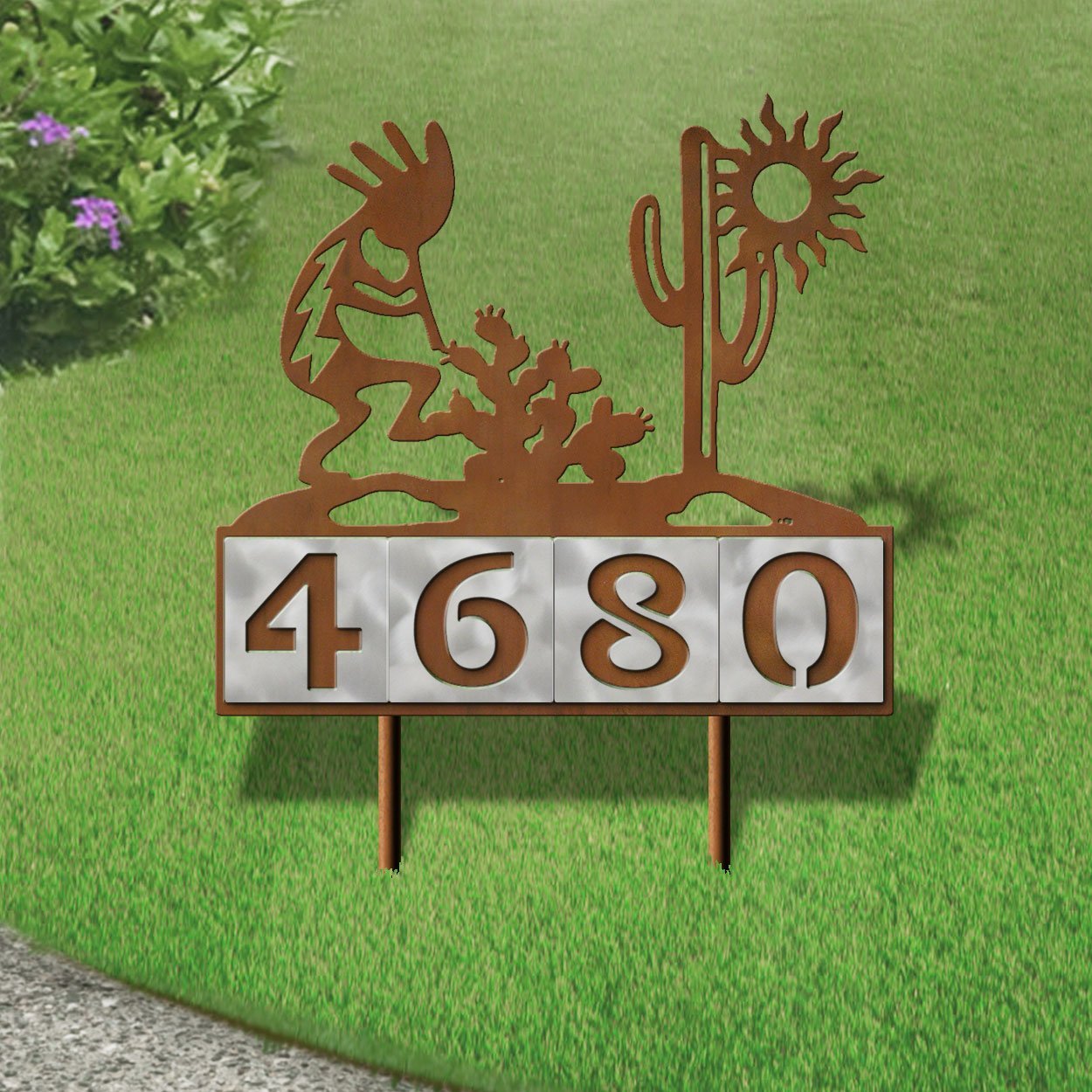 610154 - Kokopelli Desert Scene Design 4-Digit Horizontal 6-inch Tile Outdoor House Numbers Yard Sign