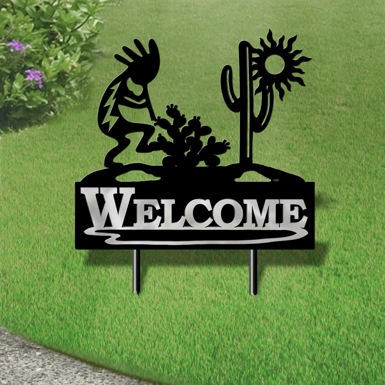 610158 - Large 25in Wide Kokopelli Desert Scene Design Horizontal Metal Welcome Yard Sign