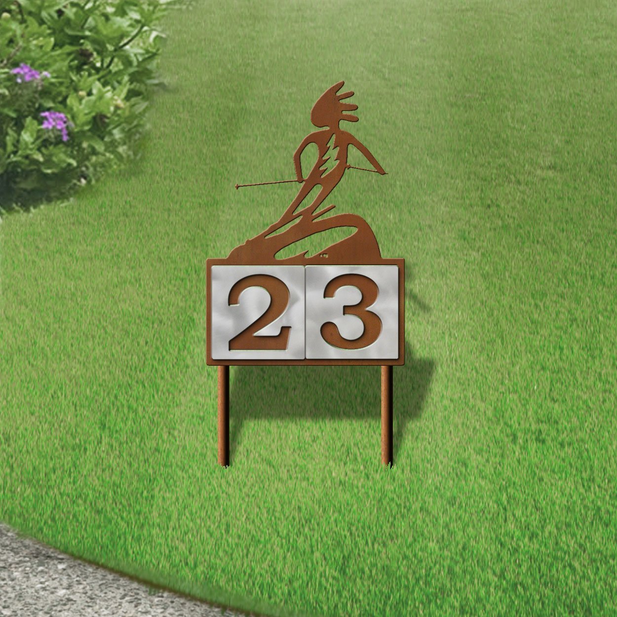 610162 - Kokopelli Alpine Skier Design 2-Digit Horizontal 6-inch Tile Outdoor House Numbers Yard Sign
