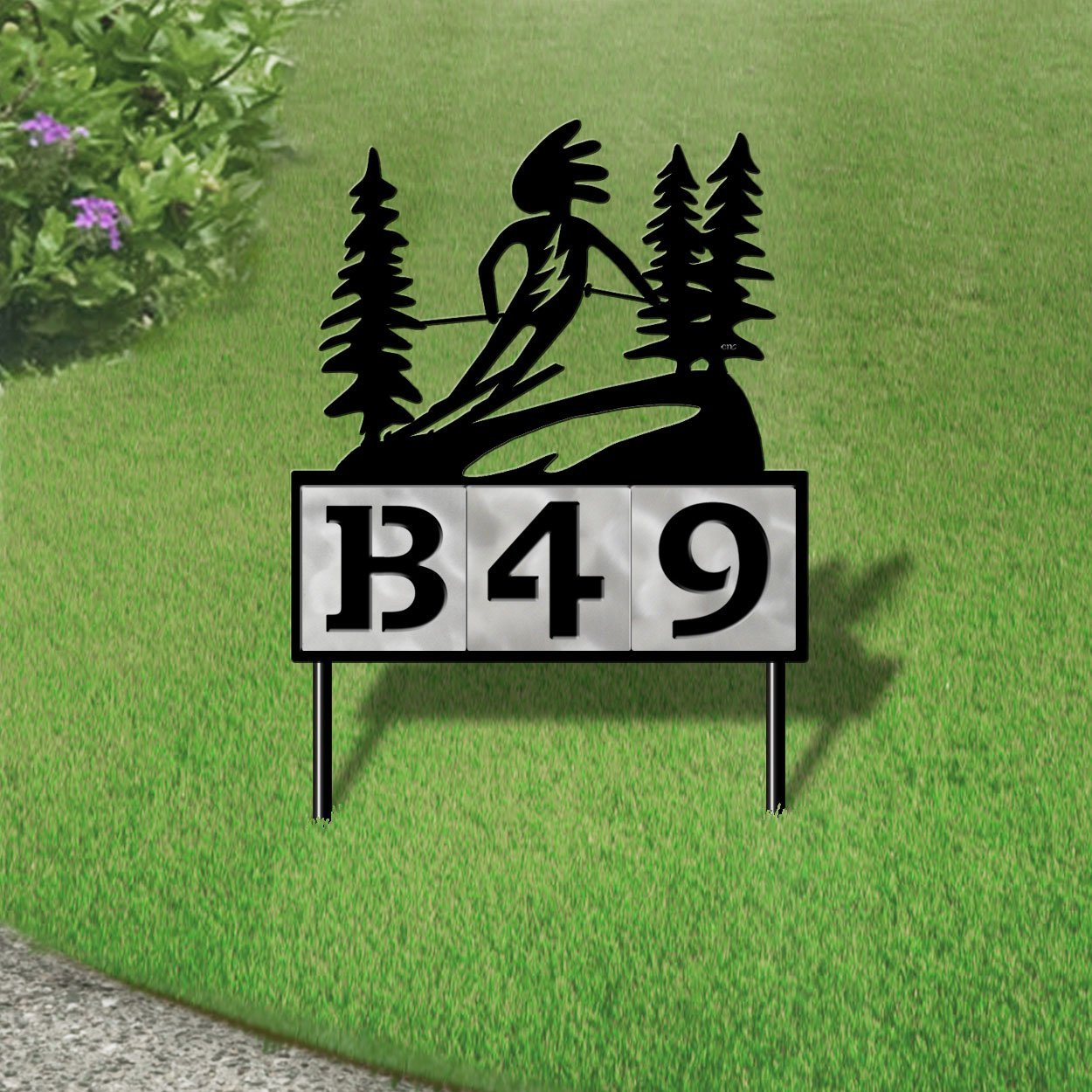 610163 - Kokopelli Alpine Skier Design 3-Digit Horizontal 6-inch Tile Outdoor House Numbers Yard Sign
