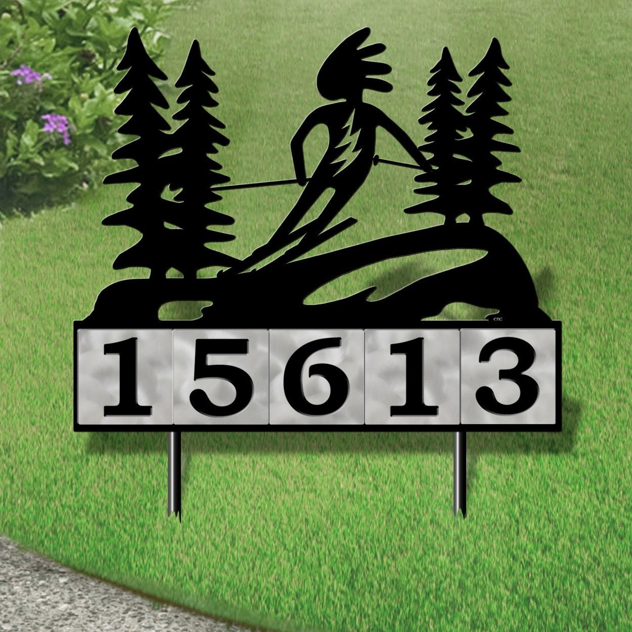 610165 - Kokopelli Alpine Skier Design 5-Digit Horizontal 6-inch Tile Outdoor House Numbers Yard Sign