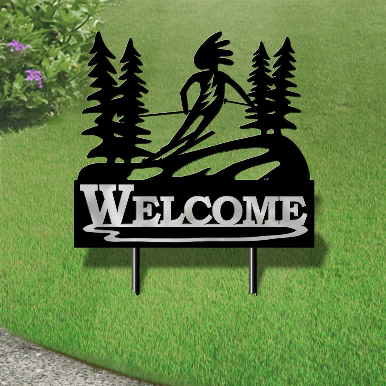 610168 - Large 25in Wide Kokopelli Alpine Skier Design Horizontal Metal Welcome Yard Sign