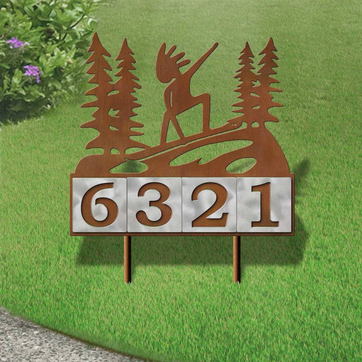610174 - Shredding Kokopelli Design 4-Digit Horizontal 6-inch Tile Outdoor House Numbers Yard Sign