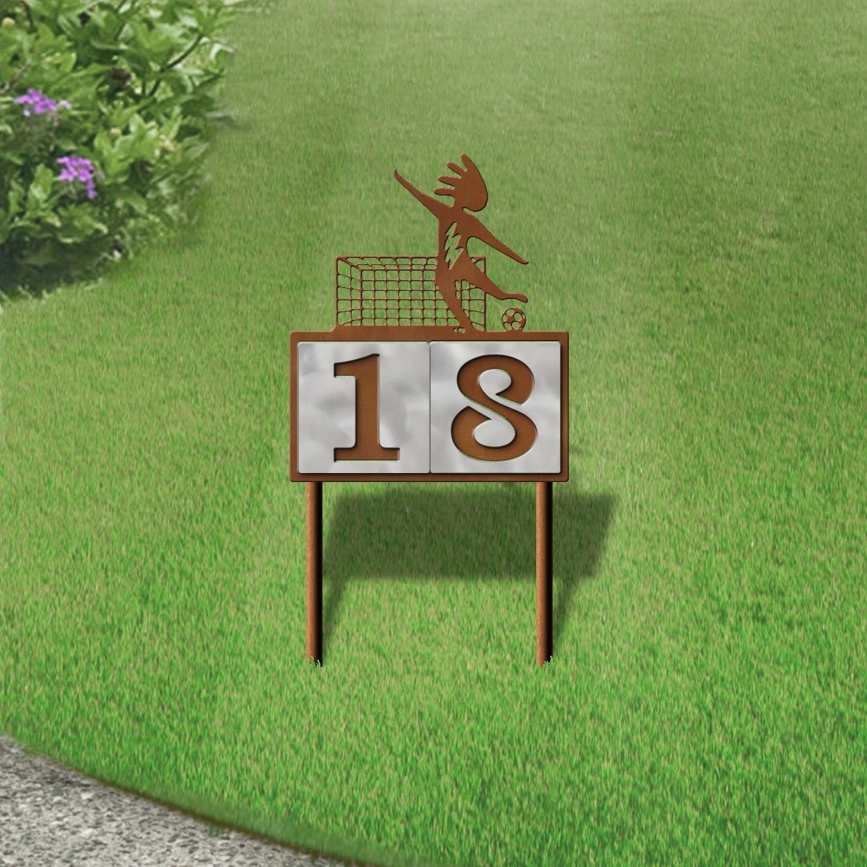 610182 - Kokopelli Lone Soccer Player Design 2-Digit Horizontal 6-inch Tile Outdoor House Numbers Yard Sign