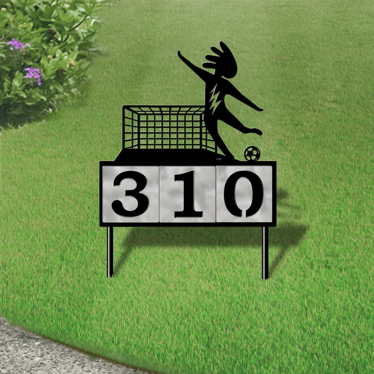610183 - Kokopelli Lone Soccer Player Design 3-Digit Horizontal 6-inch Tile Outdoor House Numbers Yard Sign