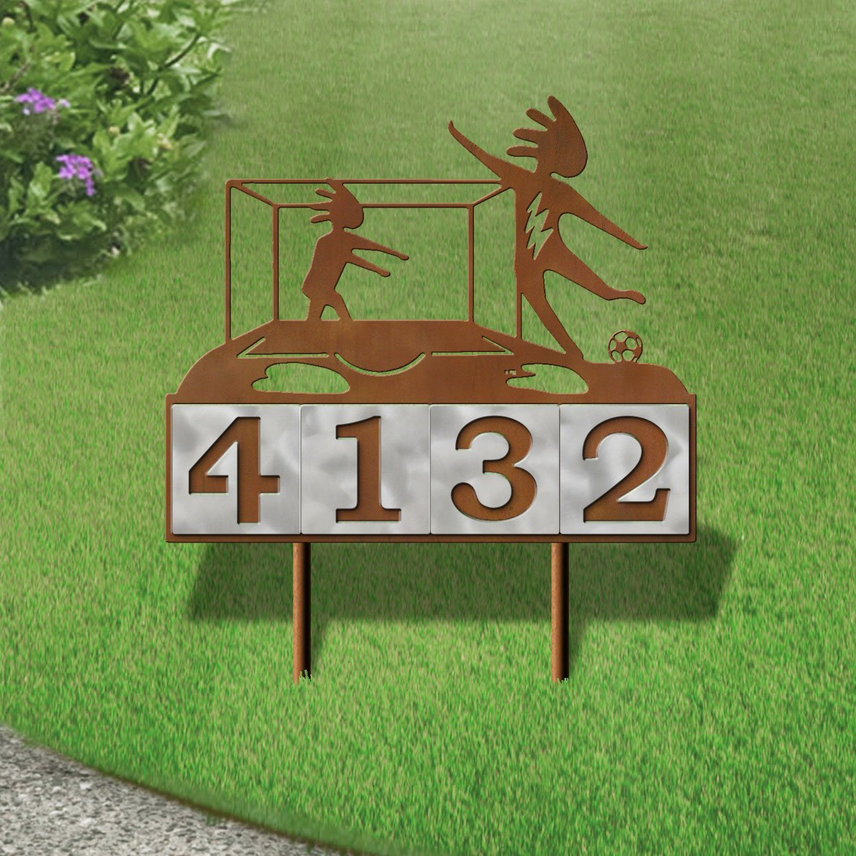 610194 - Kokopelli Soccer Player and Goalie Design 4-Digit Horizontal 6-inch Tile Outdoor House Numbers Yard Sign