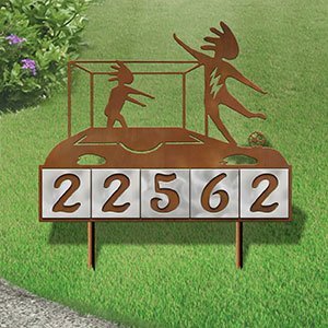 610195 - Kokopelli Soccer Player and Goalie Design 5-Digit Horizontal 6-inch Tile Outdoor House Numbers Yard Sign
