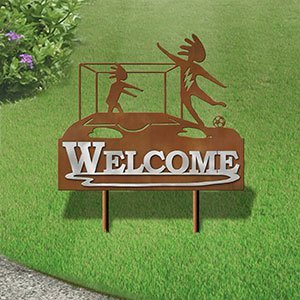 610198 - Large 25in Wide Kokopelli Soccer Player and Goalie Design Horizontal Metal Welcome Yard Sign