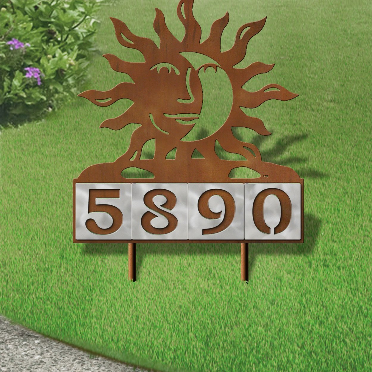 610244 - Happy Sun-Moon Design 4-Digit Horizontal 6-inch Tile Outdoor House Numbers Yard Sign