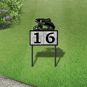 610252 - Jumping Trout in Stream Design 2-Digit Horizontal 6-inch Tile Outdoor House Numbers Yard Sign