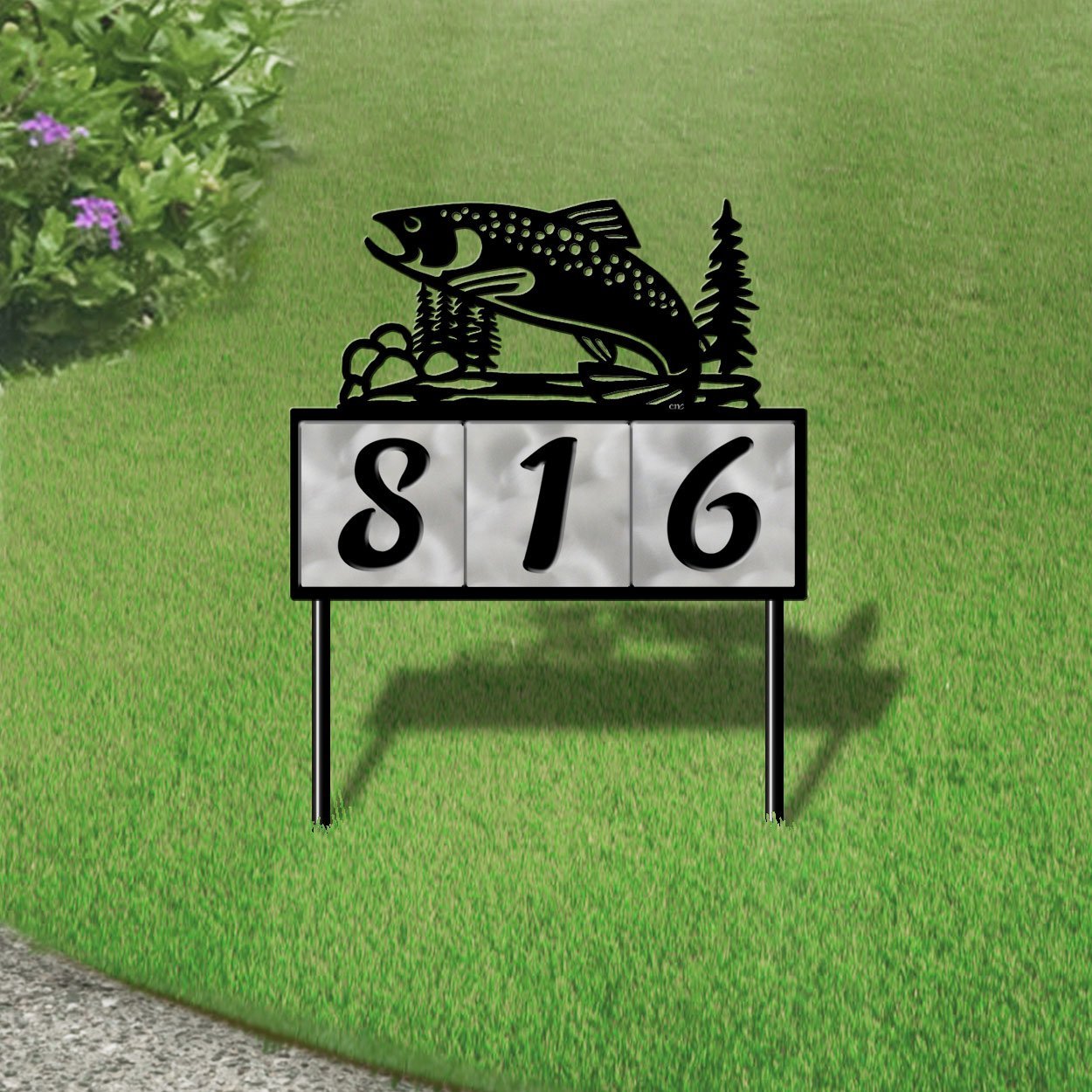 610253 - Jumping Trout in Stream Design 3-Digit Horizontal 6-inch Tile Outdoor House Numbers Yard Sign